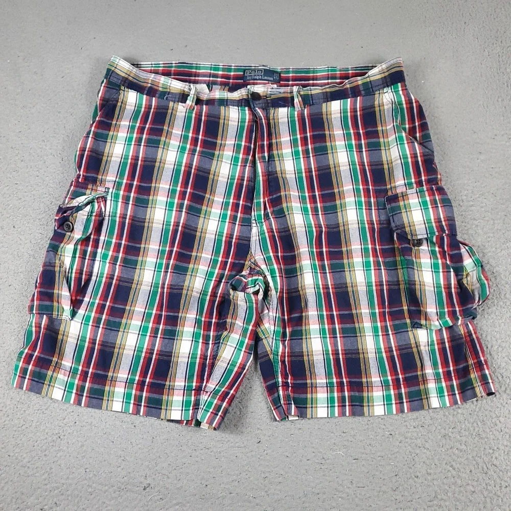 Ralph Lauren Cargo Shorts Mens 42 Blue Red Plaid Outdoors Hiking Camping